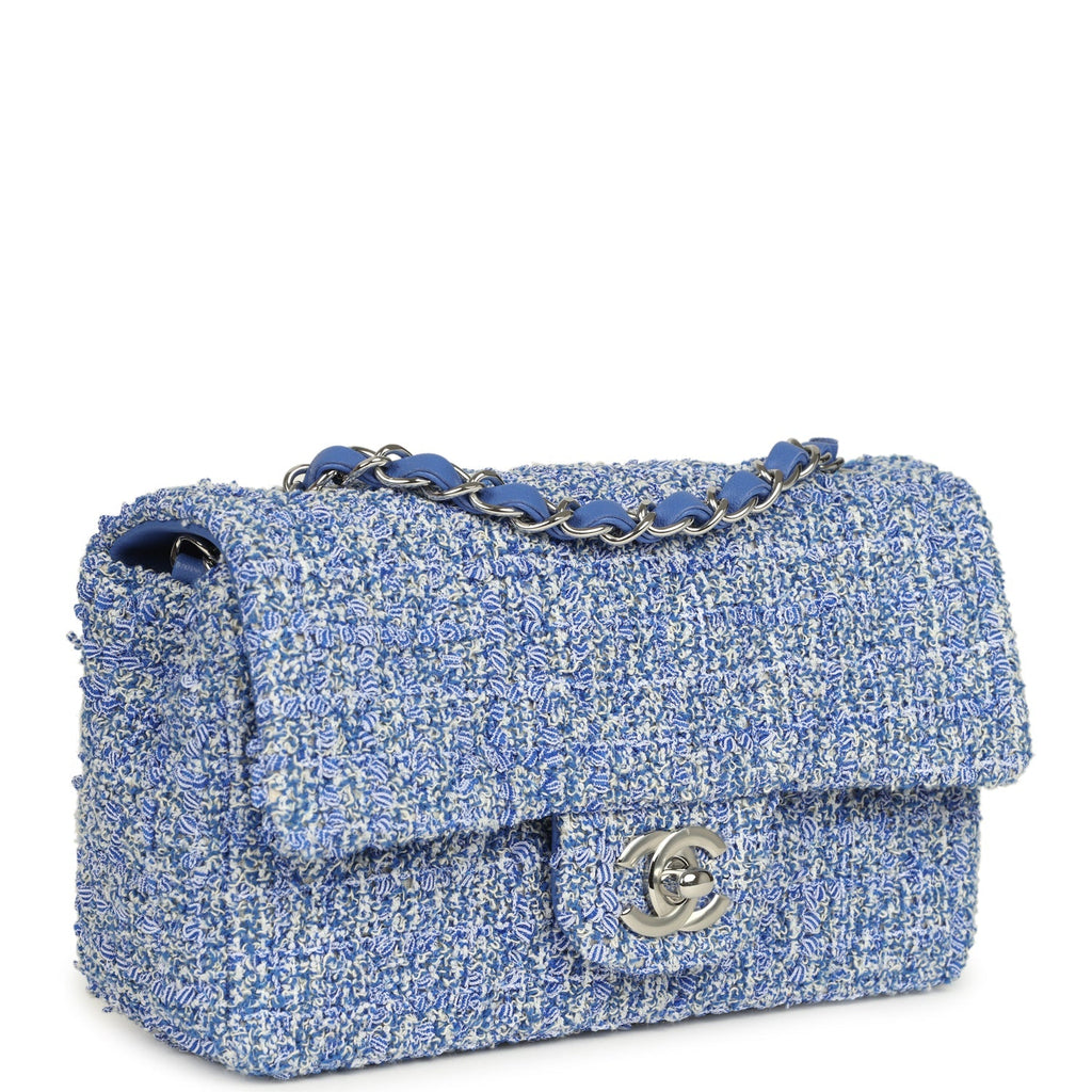 Mini Rectangular Flap Bag Blue and White Tweed Silver Hardware