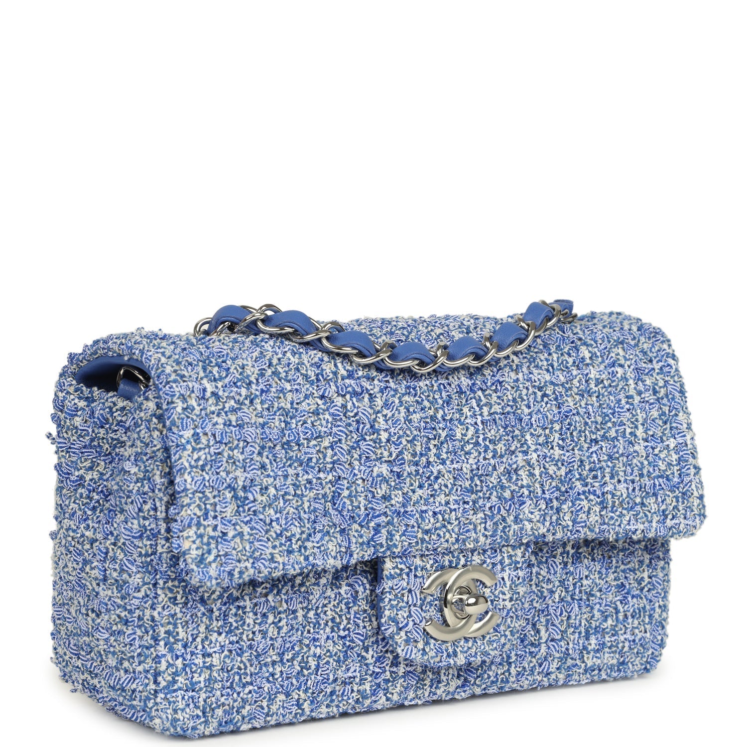 Mini Rectangular Flap Bag Blue and White Tweed Silver Hardware