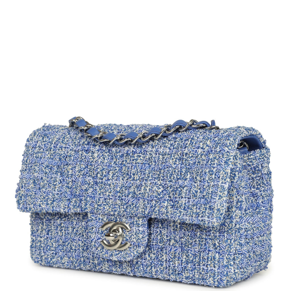 Mini Rectangular Flap Bag Blue and White Tweed Silver Hardware