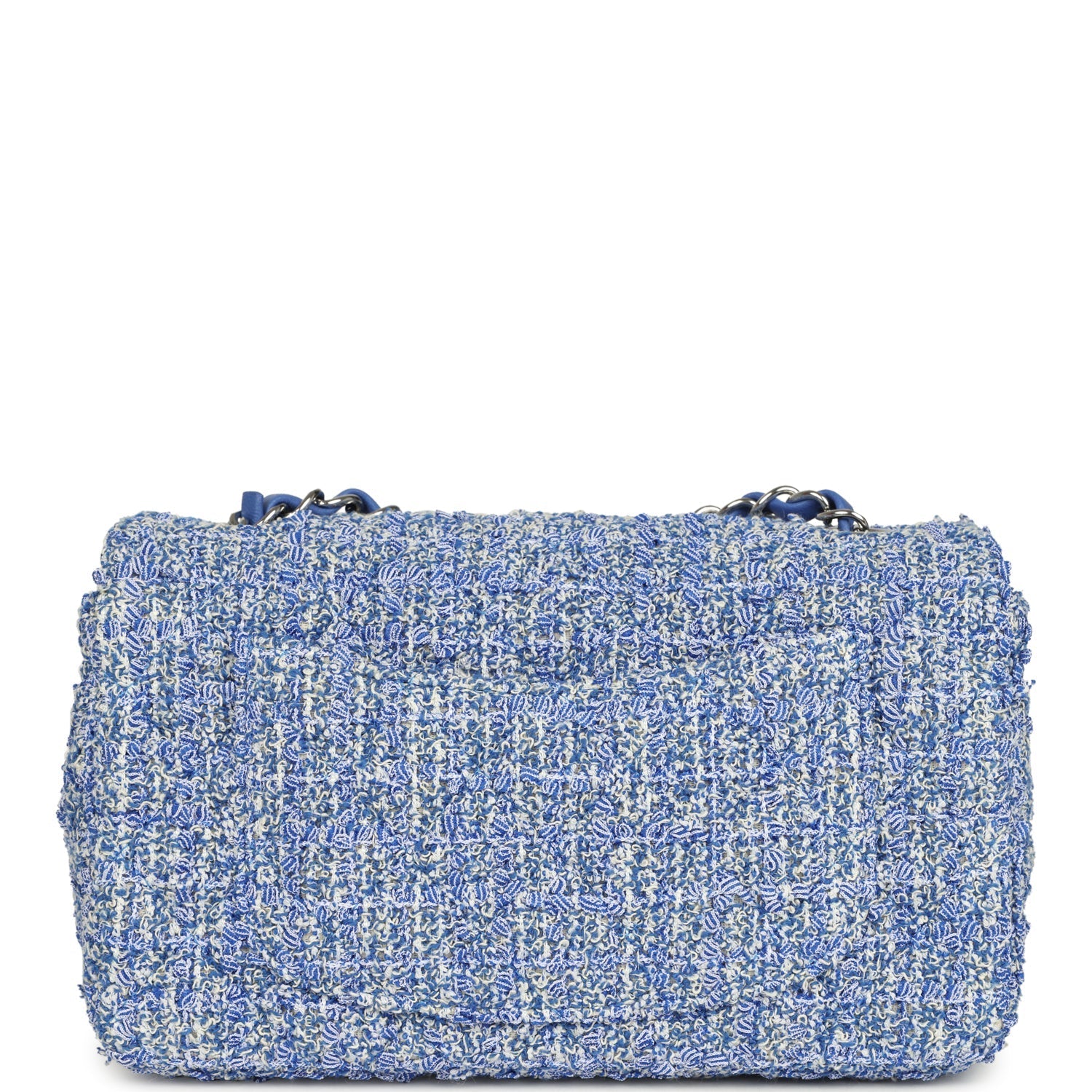 Mini Rectangular Flap Bag Blue and White Tweed Silver Hardware