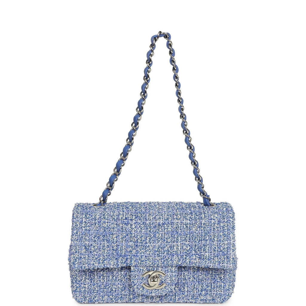 Mini Rectangular Flap Bag Blue and White Tweed Silver Hardware