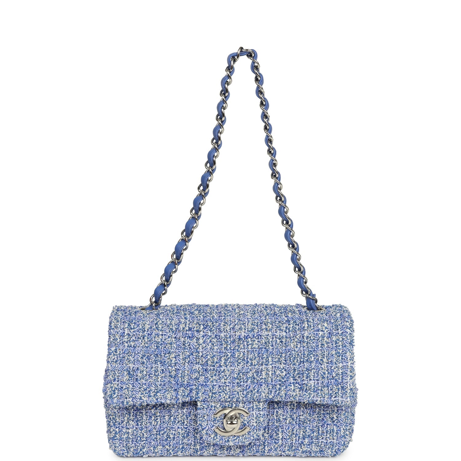 Mini Rectangular Flap Bag Blue and White Tweed Silver Hardware