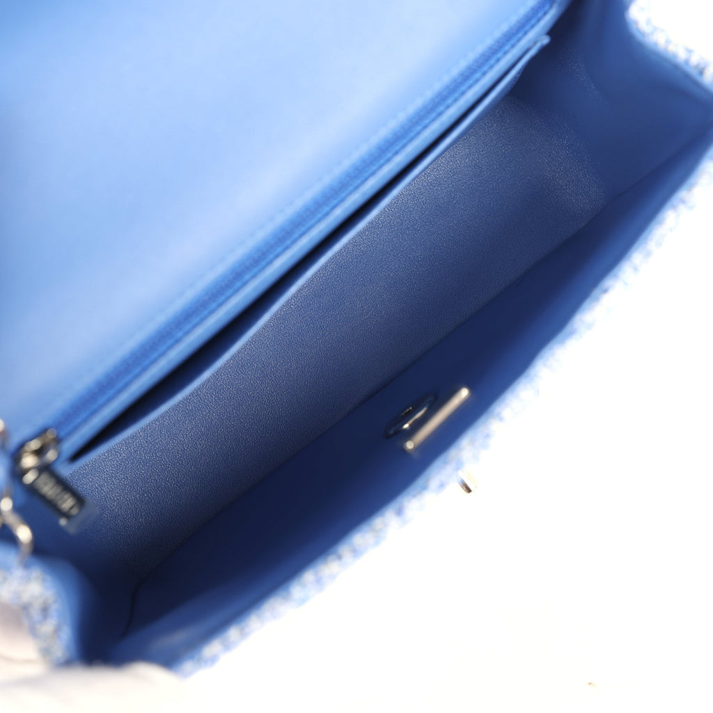 Mini Rectangular Flap Bag Blue and White Tweed Silver Hardware