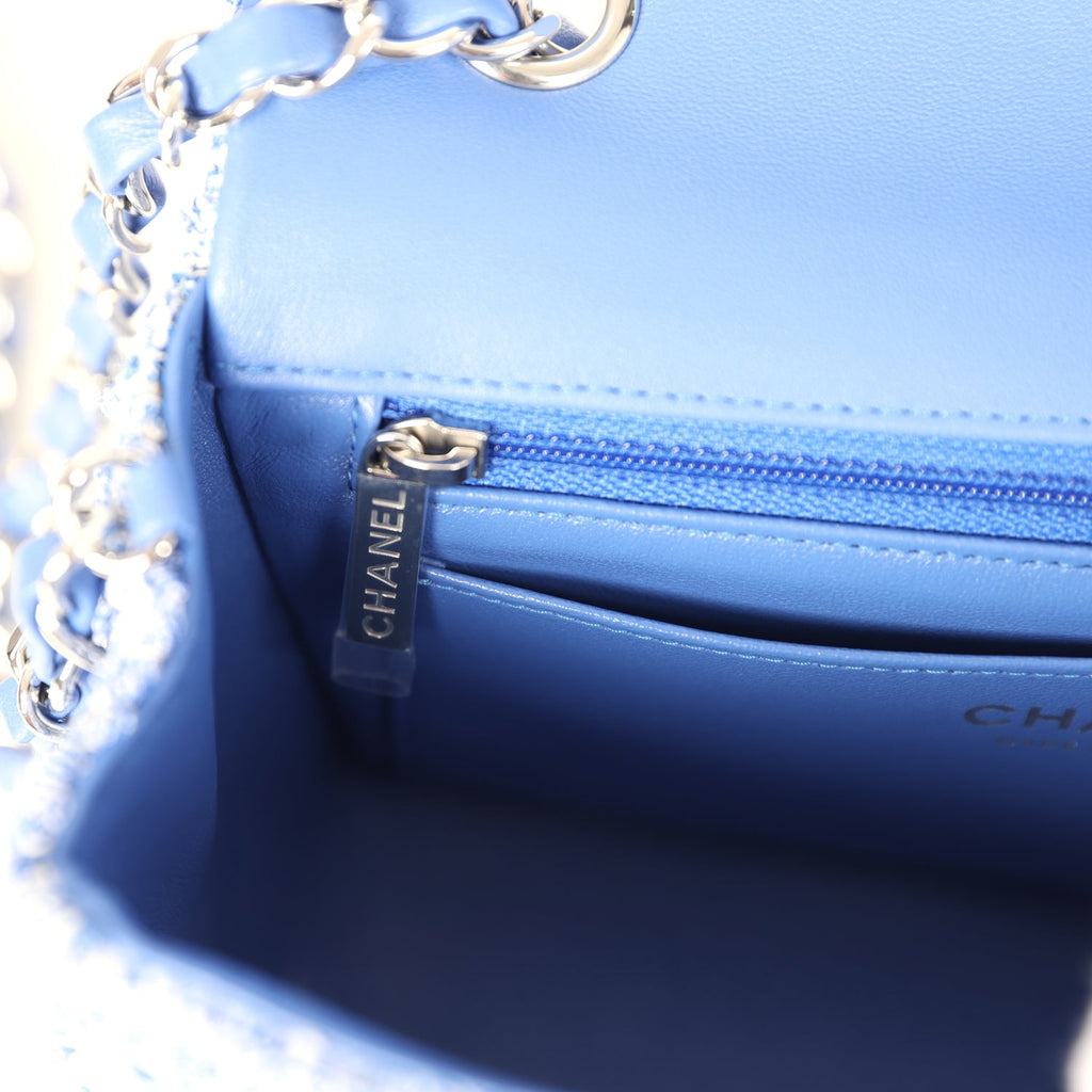 Mini Rectangular Flap Bag Blue and White Tweed Silver Hardware