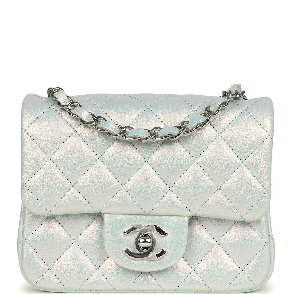 Mini Classic Square Flap Bag Blue Iridescent Calfskin Silver Hardware