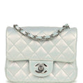 Mini Classic Square Flap Bag Blue Iridescent Calfskin Silver Hardware