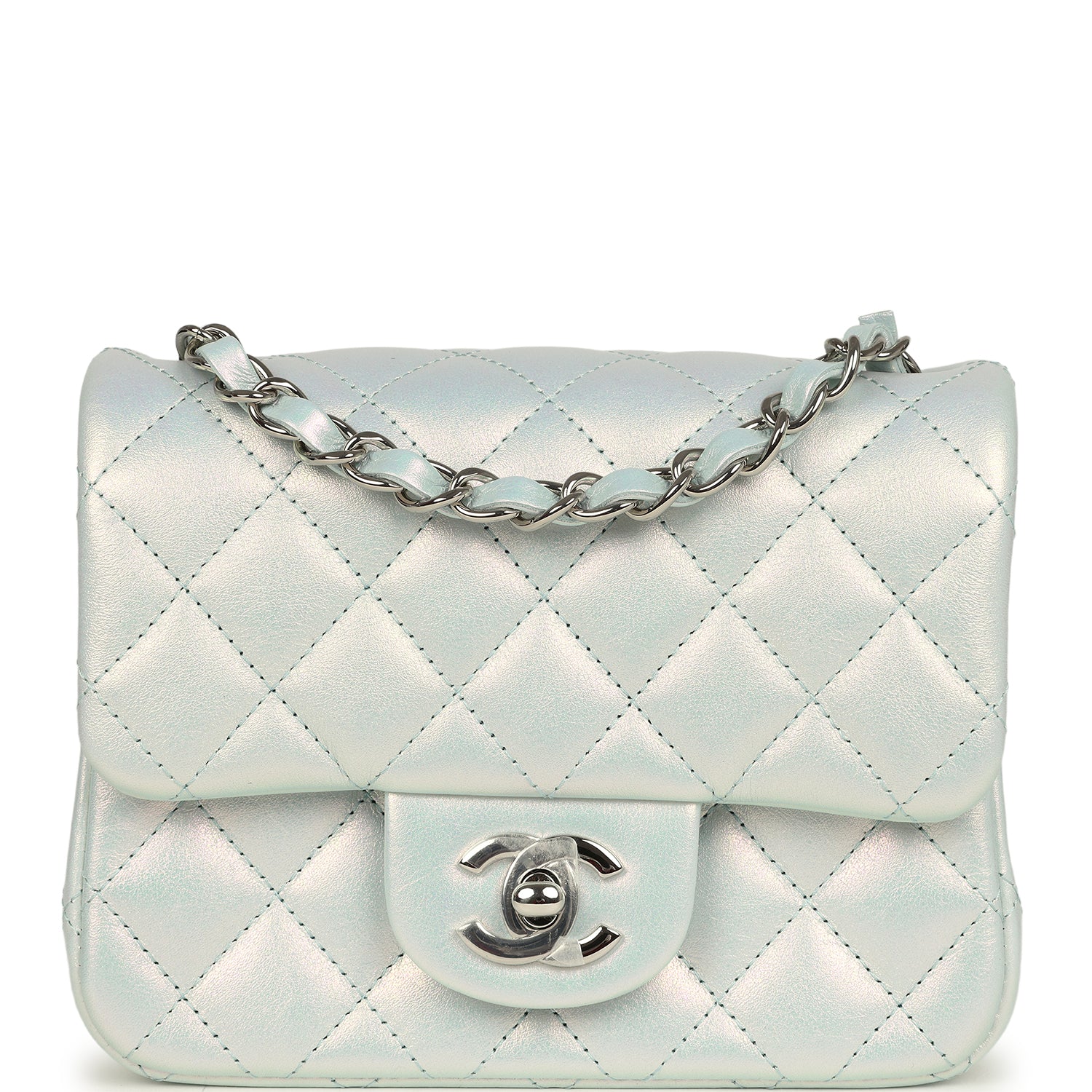 Mini Classic Square Flap Bag Blue Iridescent Calfskin Silver Hardware