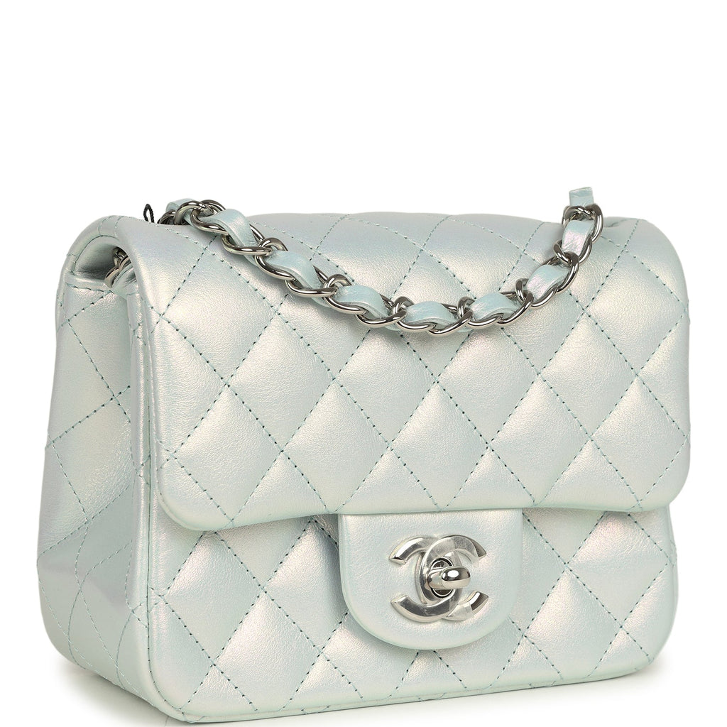 Mini Classic Square Flap Bag Blue Iridescent Calfskin Silver Hardware