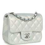 Mini Classic Square Flap Bag Blue Iridescent Calfskin Silver Hardware