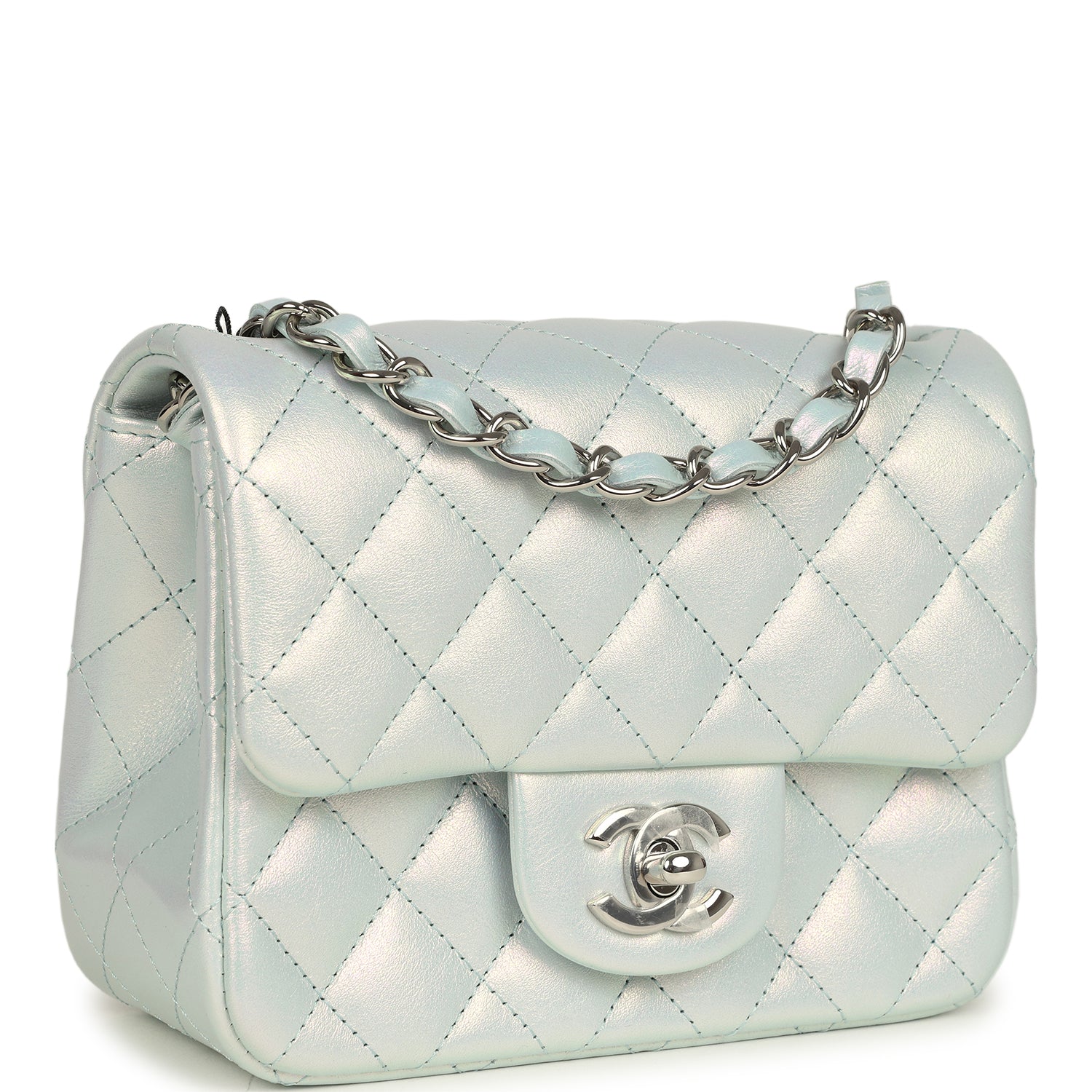 Mini Classic Square Flap Bag Blue Iridescent Calfskin Silver Hardware