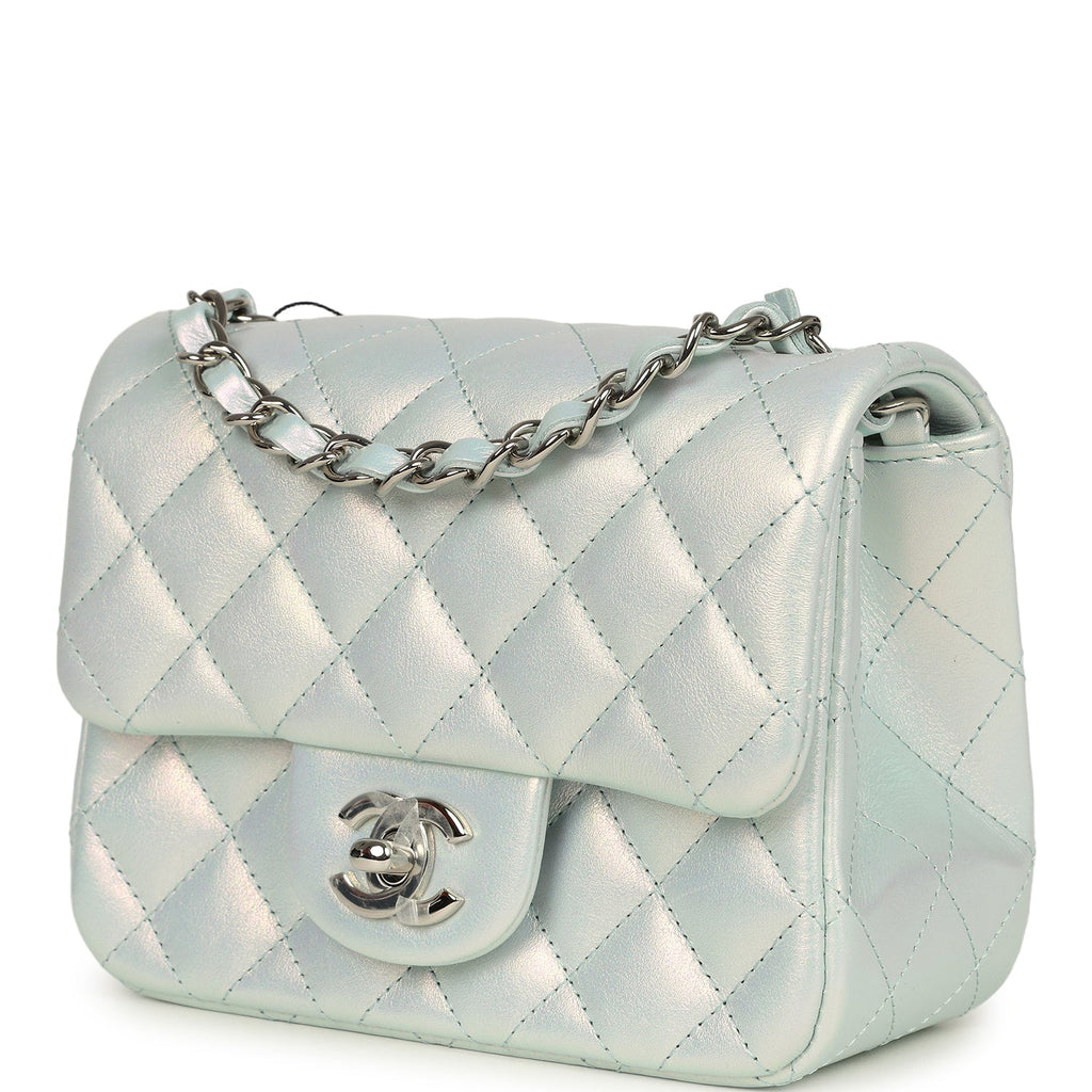 Mini Classic Square Flap Bag Blue Iridescent Calfskin Silver Hardware