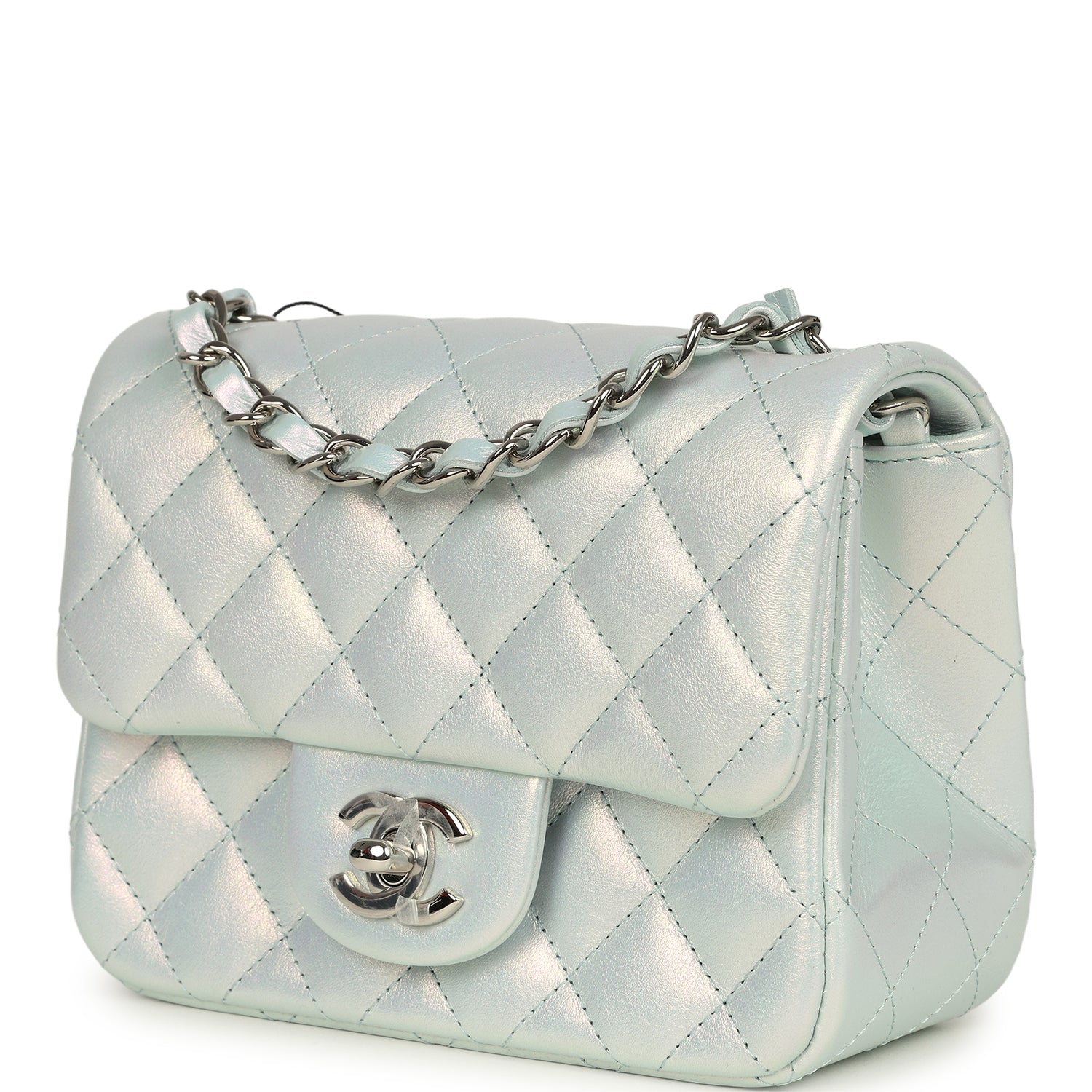 Mini Classic Square Flap Bag Blue Iridescent Calfskin Silver Hardware