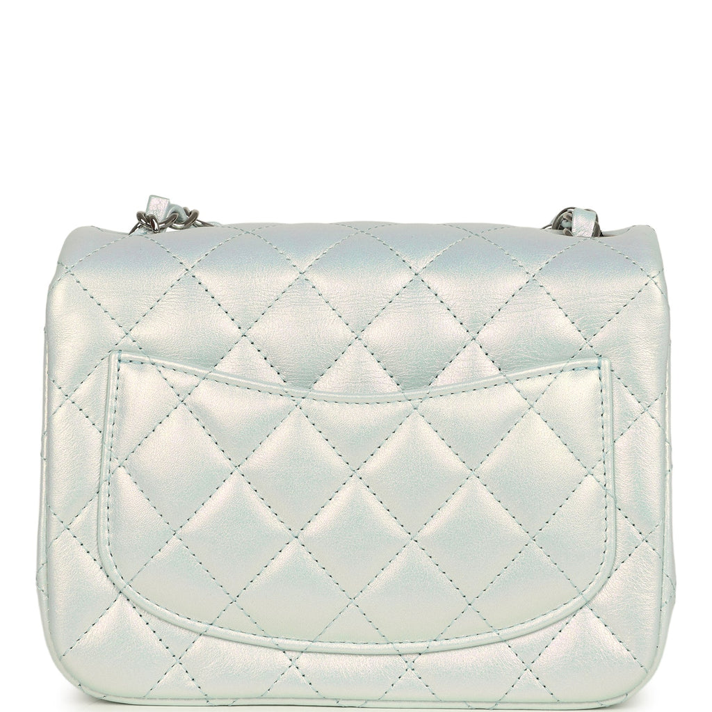 Mini Classic Square Flap Bag Blue Iridescent Calfskin Silver Hardware