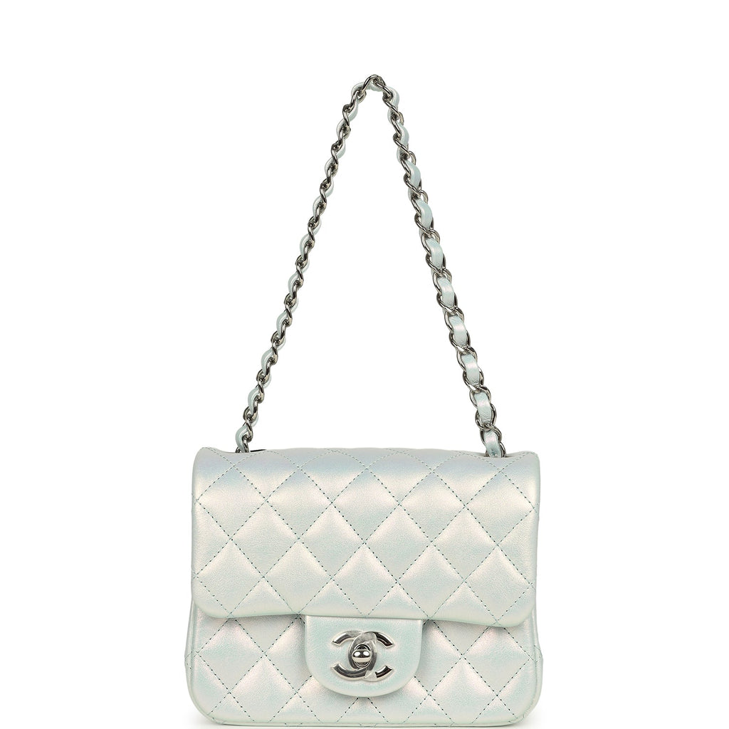 Mini Classic Square Flap Bag Blue Iridescent Calfskin Silver Hardware