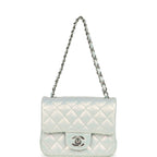 Mini Classic Square Flap Bag Blue Iridescent Calfskin Silver Hardware