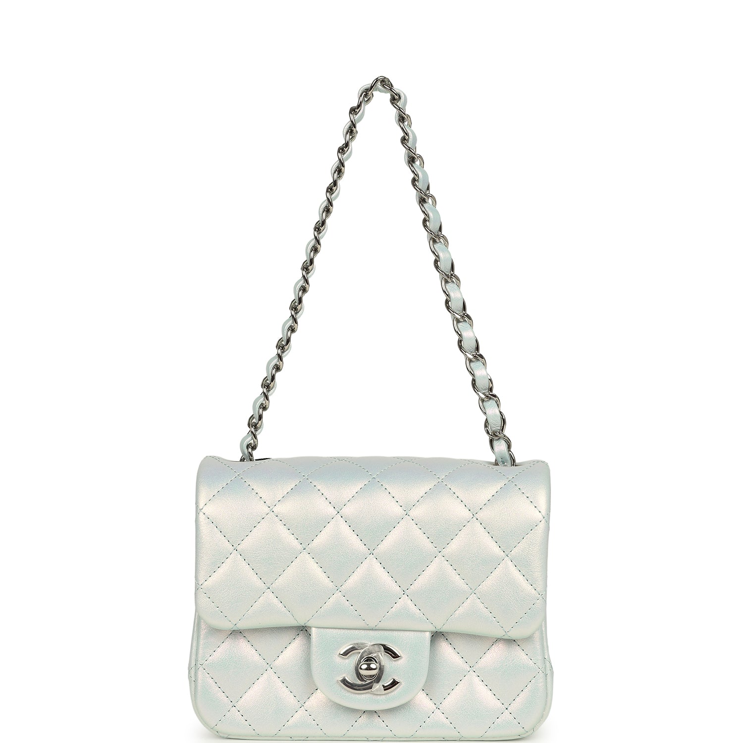 Mini Classic Square Flap Bag Blue Iridescent Calfskin Silver Hardware