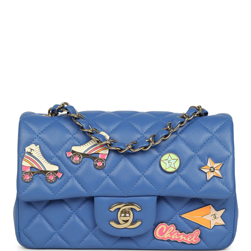 Mini Rectangular Hollywood Charms Flap Bag Blue Lambskin Light Gold Hardware