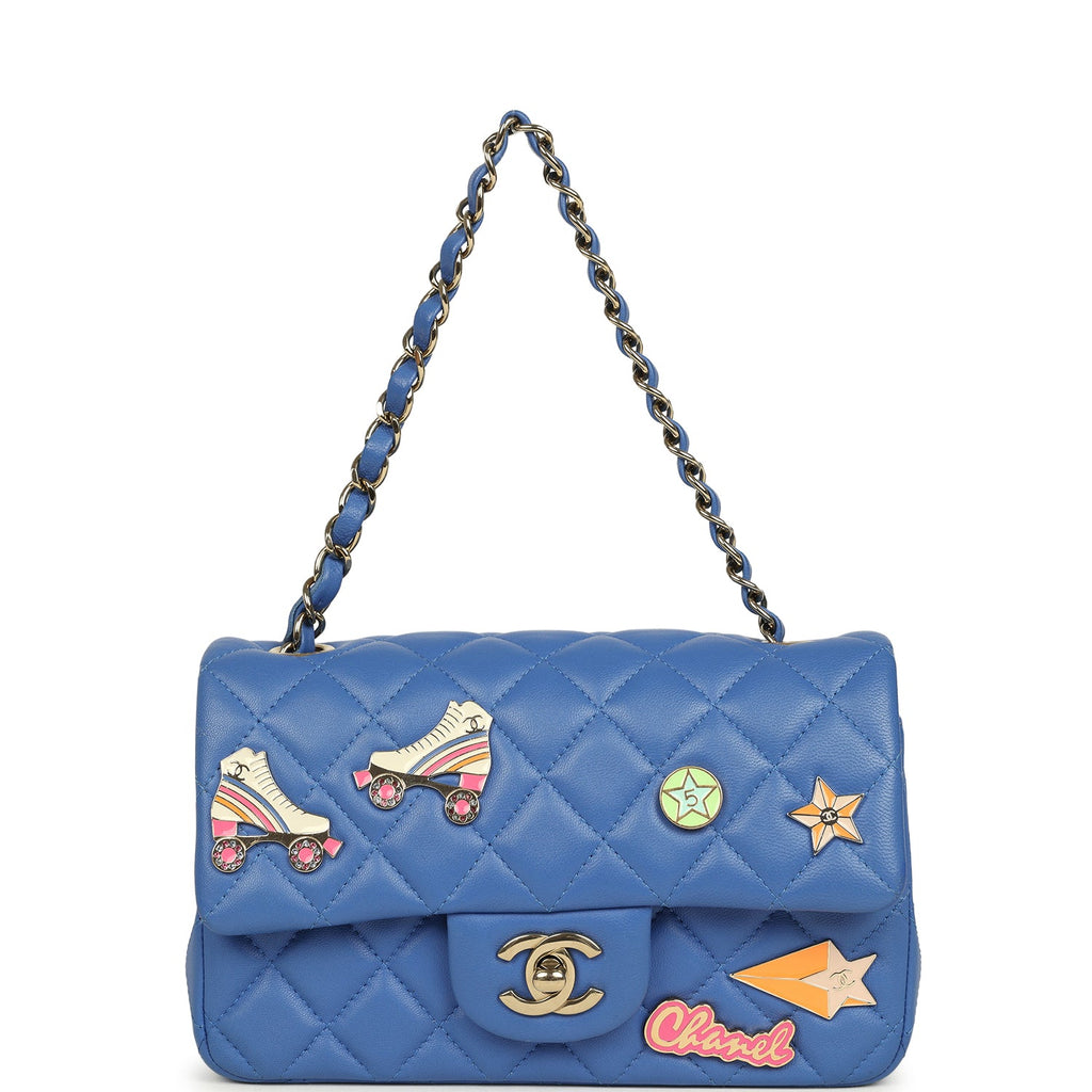 Mini Rectangular Hollywood Charms Flap Bag Blue Lambskin Light Gold Hardware