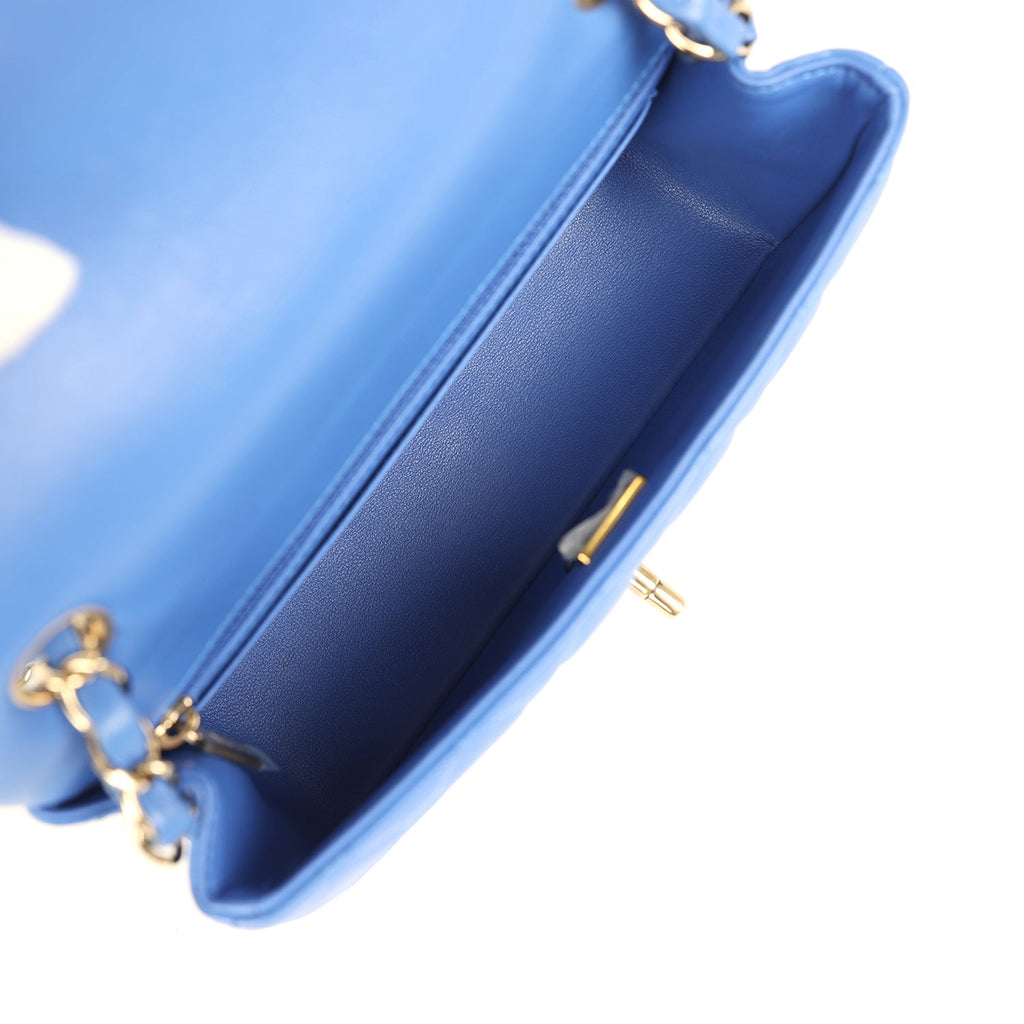 Mini Rectangular Hollywood Charms Flap Bag Blue Lambskin Light Gold Hardware