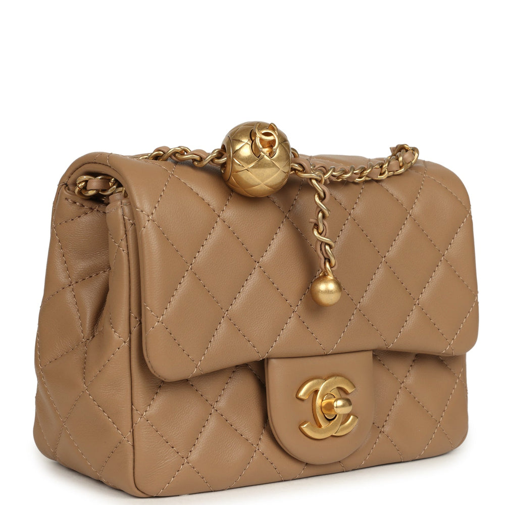 Mini Pearl Crush Square Flap Bag Beige Lambskin Brushed Gold Hardware