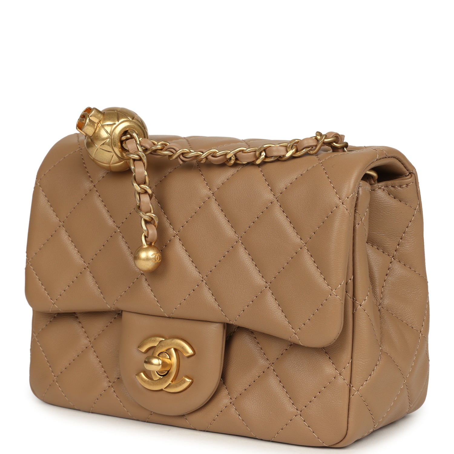 Mini Pearl Crush Square Flap Bag Beige Lambskin Brushed Gold Hardware