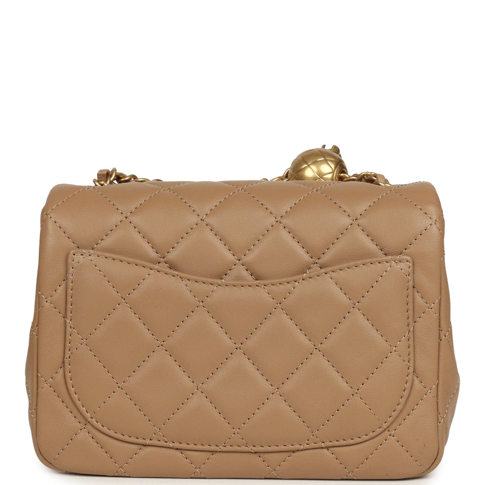Mini Pearl Crush Square Flap Bag Beige Lambskin Brushed Gold Hardware