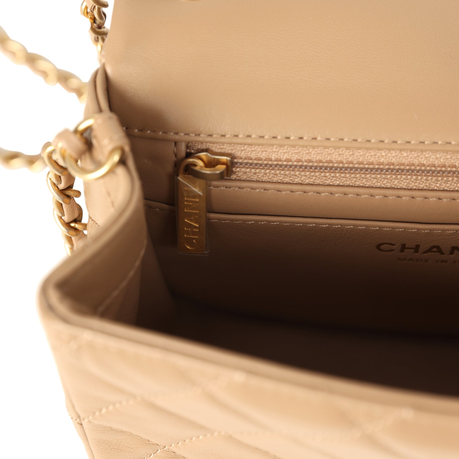 Mini Pearl Crush Square Flap Bag Beige Lambskin Brushed Gold Hardware