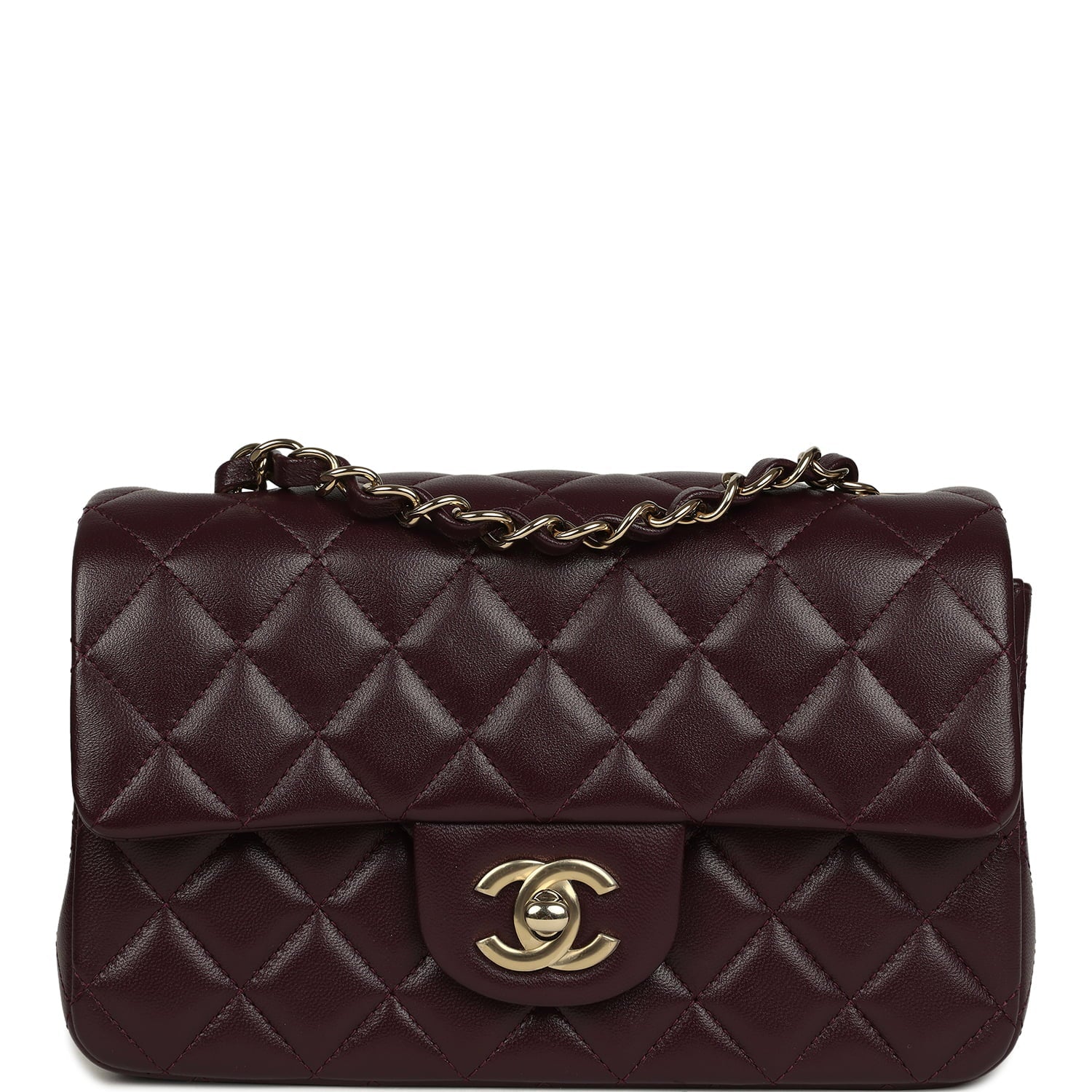Mini Classic Rectangular Flap Bag Burgundy Shiny Lambskin Light Gold Hardware