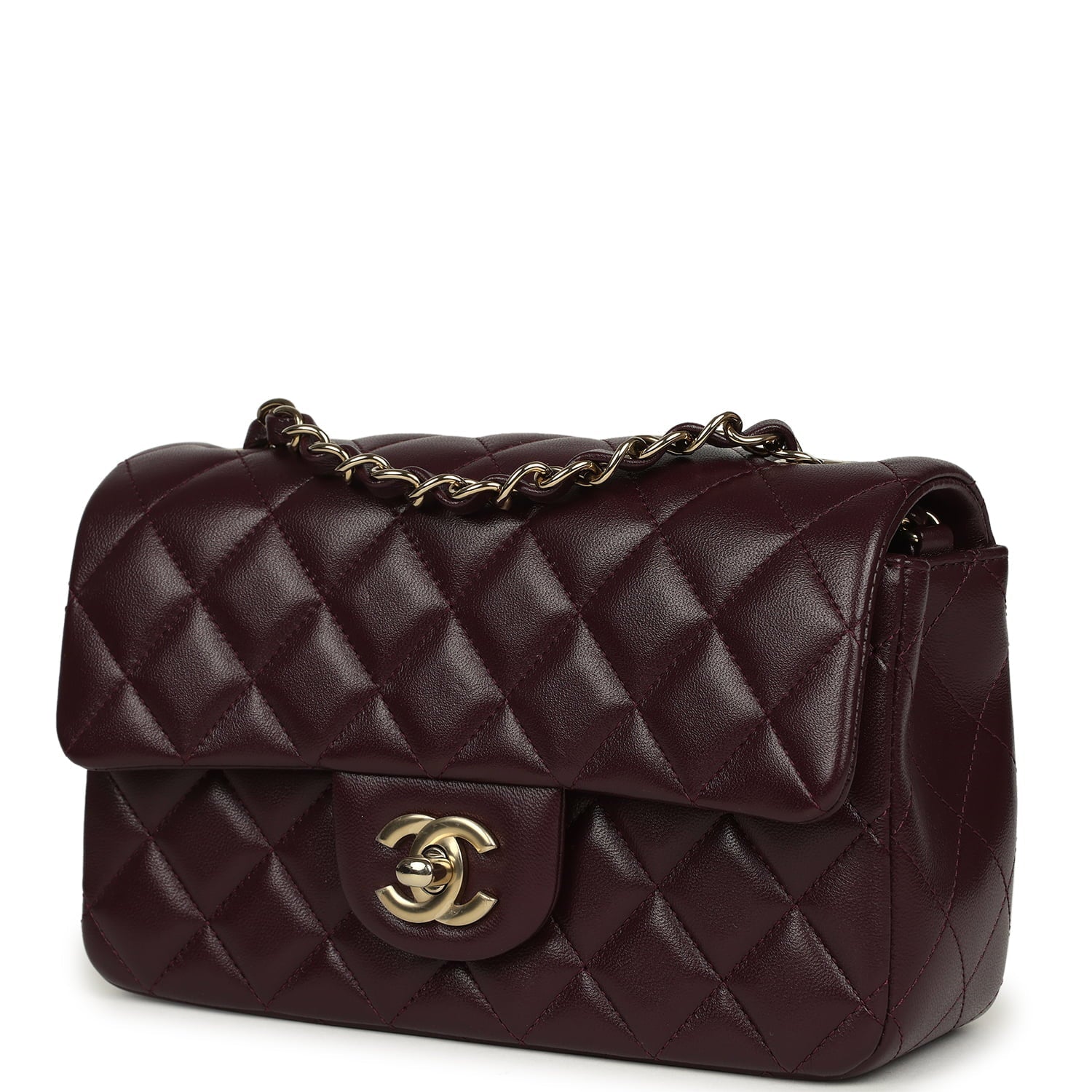 Mini Classic Rectangular Flap Bag Burgundy Shiny Lambskin Light Gold Hardware