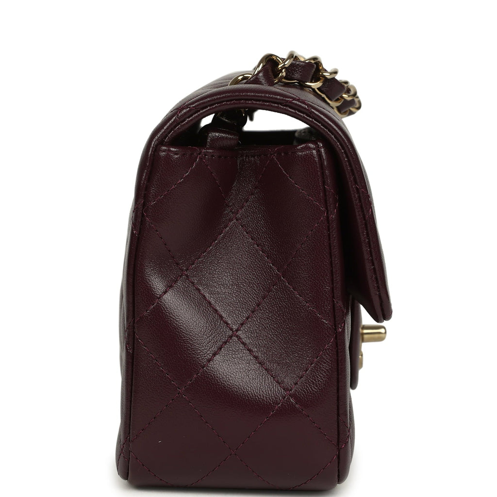 Mini Classic Rectangular Flap Bag Burgundy Shiny Lambskin Light Gold Hardware