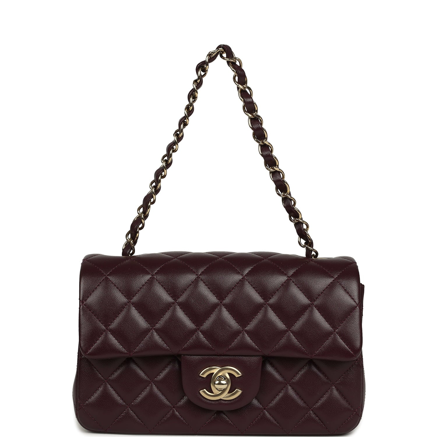 Mini Classic Rectangular Flap Bag Burgundy Shiny Lambskin Light Gold Hardware