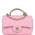 Mini Rectangular Flap Bag with Top Handle Pink and Green Lambskin Light Gold Hardware