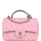 Mini Rectangular Flap Bag with Top Handle Pink and Green Lambskin Light Gold Hardware