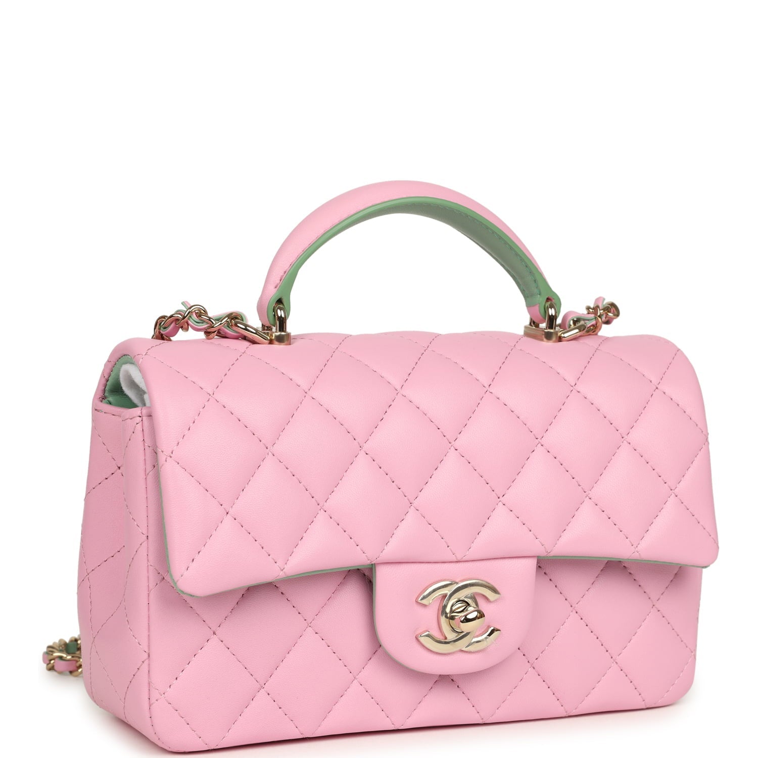 Mini Rectangular Flap Bag with Top Handle Pink and Green Lambskin Light Gold Hardware