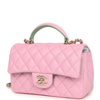 Mini Rectangular Flap Bag with Top Handle Pink and Green Lambskin Light Gold Hardware