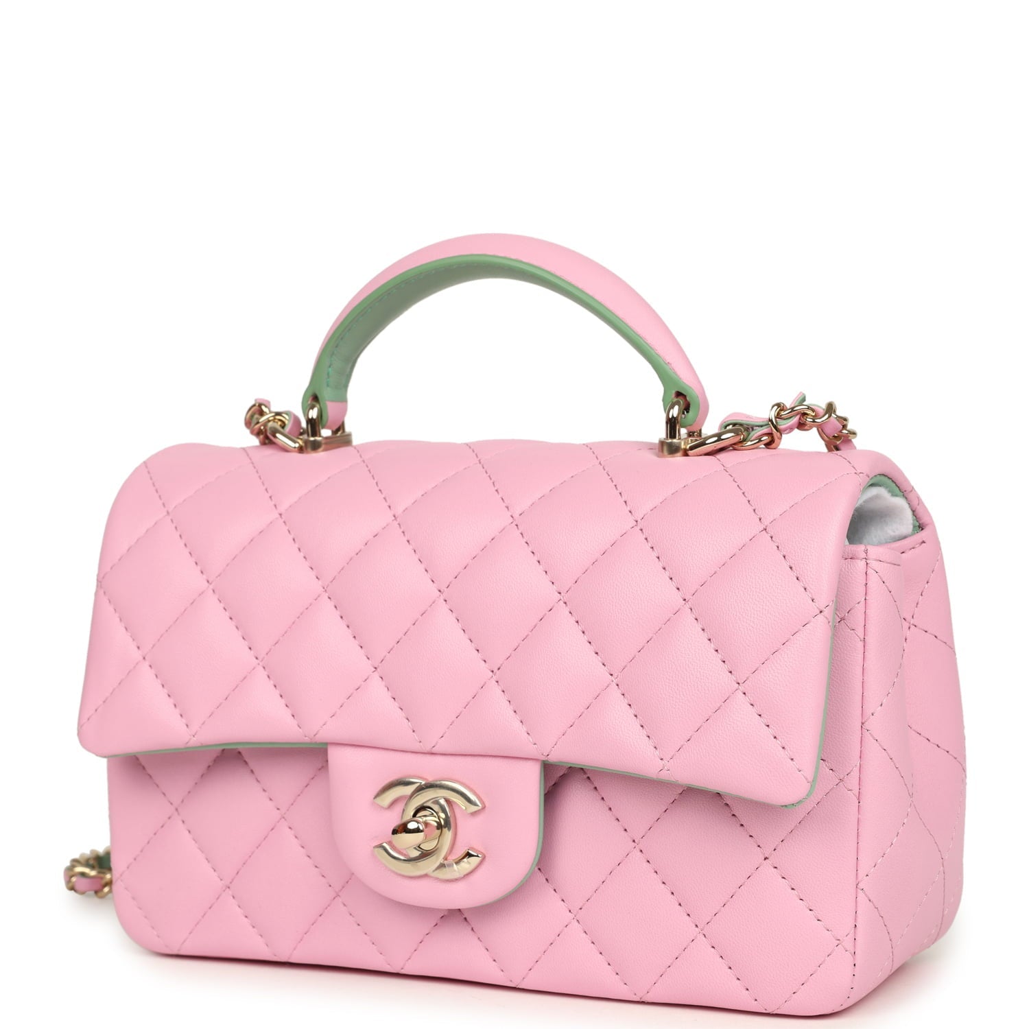 Mini Rectangular Flap Bag with Top Handle Pink and Green Lambskin Light Gold Hardware