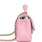 Mini Rectangular Flap Bag with Top Handle Pink and Green Lambskin Light Gold Hardware