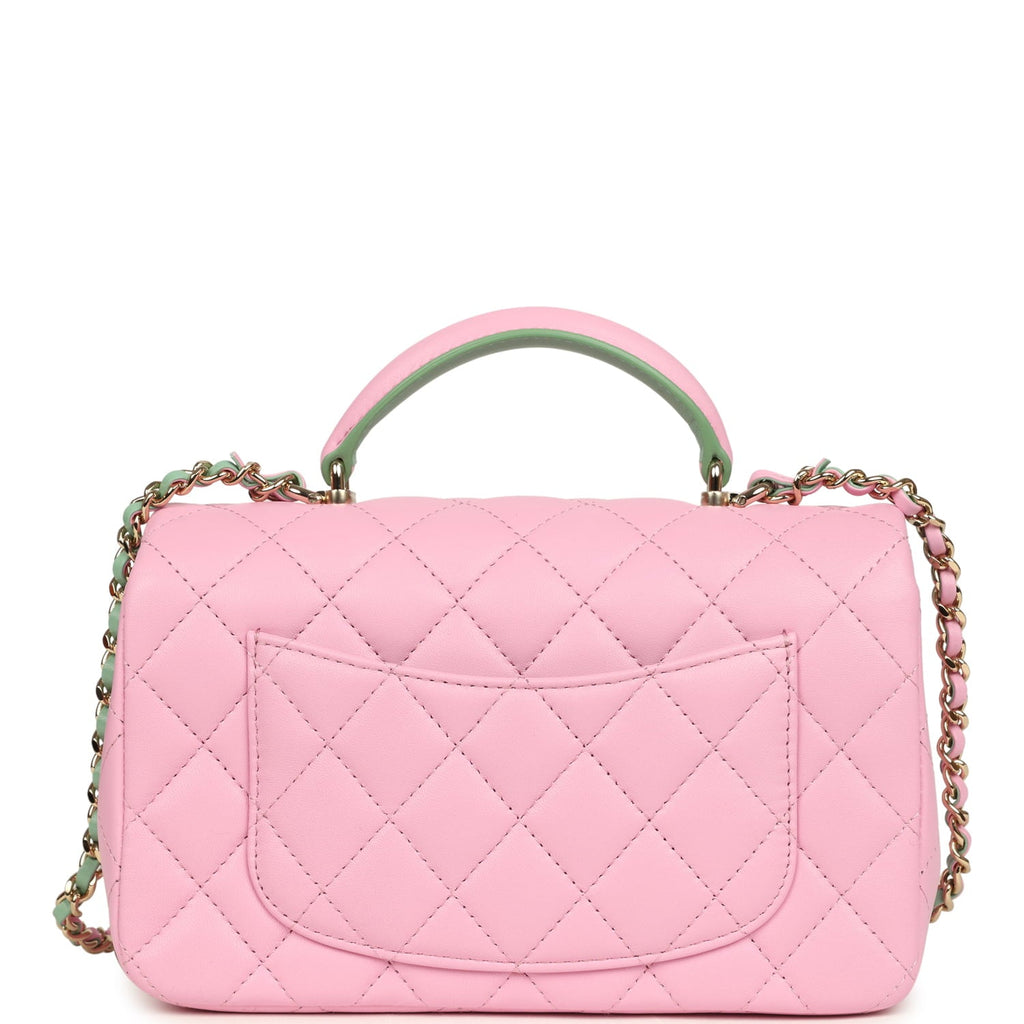 Mini Rectangular Flap Bag with Top Handle Pink and Green Lambskin Light Gold Hardware