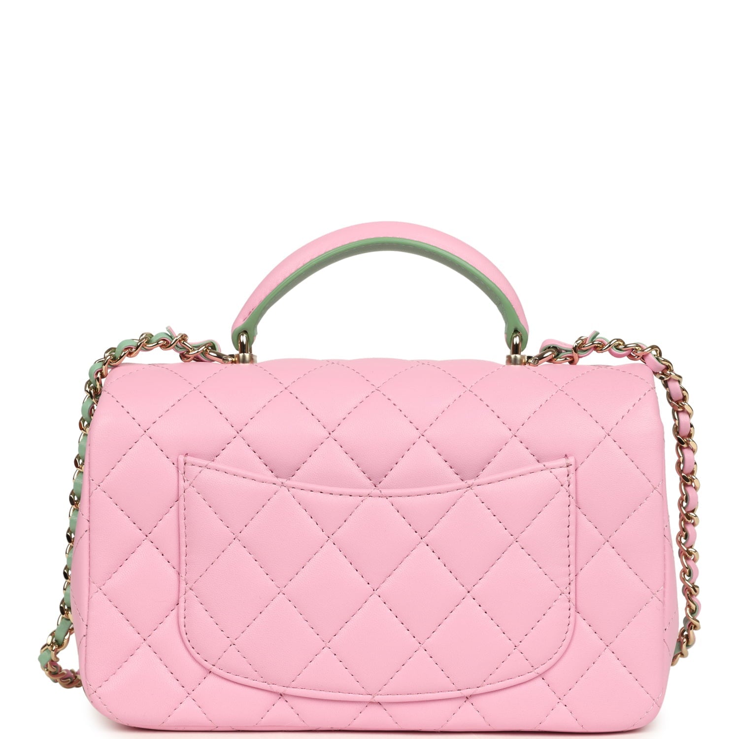 Mini Rectangular Flap Bag with Top Handle Pink and Green Lambskin Light Gold Hardware