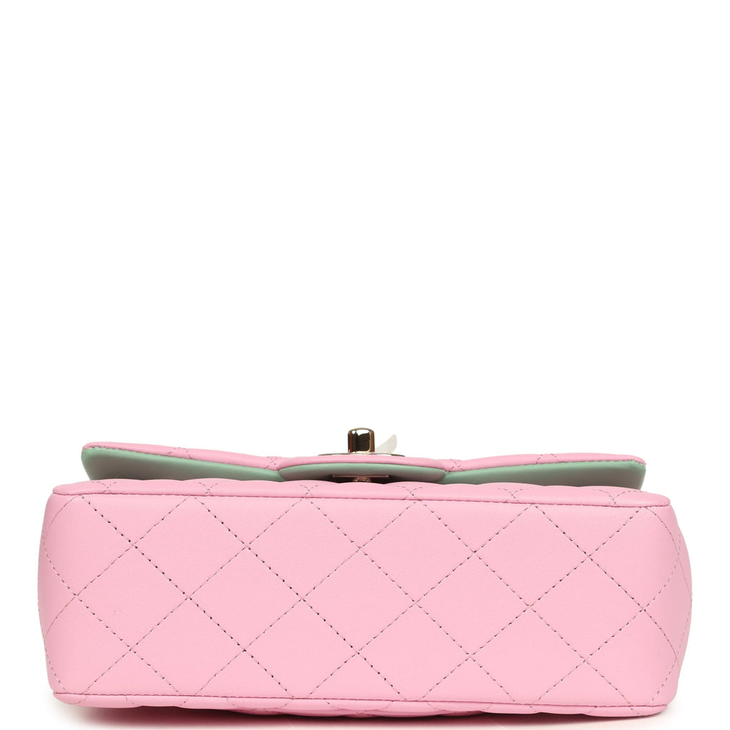 Mini Rectangular Flap Bag with Top Handle Pink and Green Lambskin Light Gold Hardware