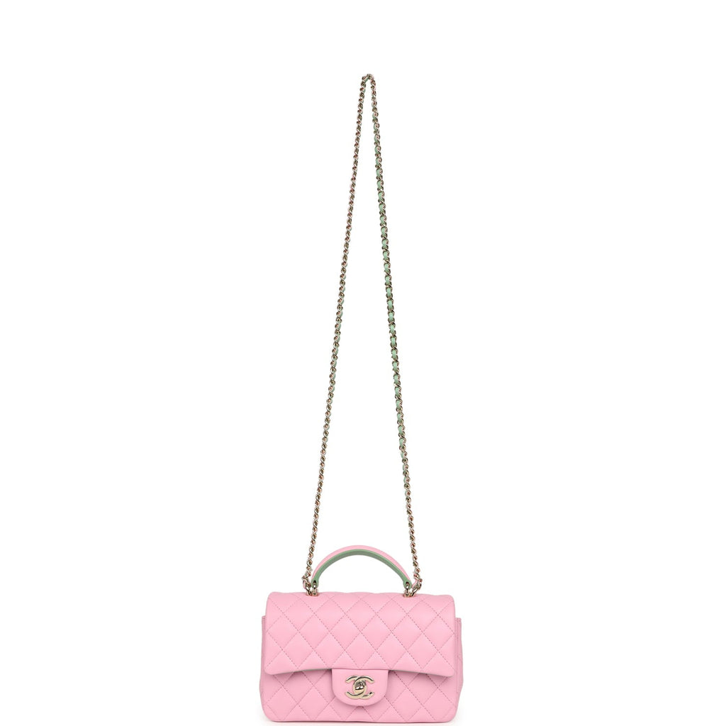 Mini Rectangular Flap Bag with Top Handle Pink and Green Lambskin Light Gold Hardware