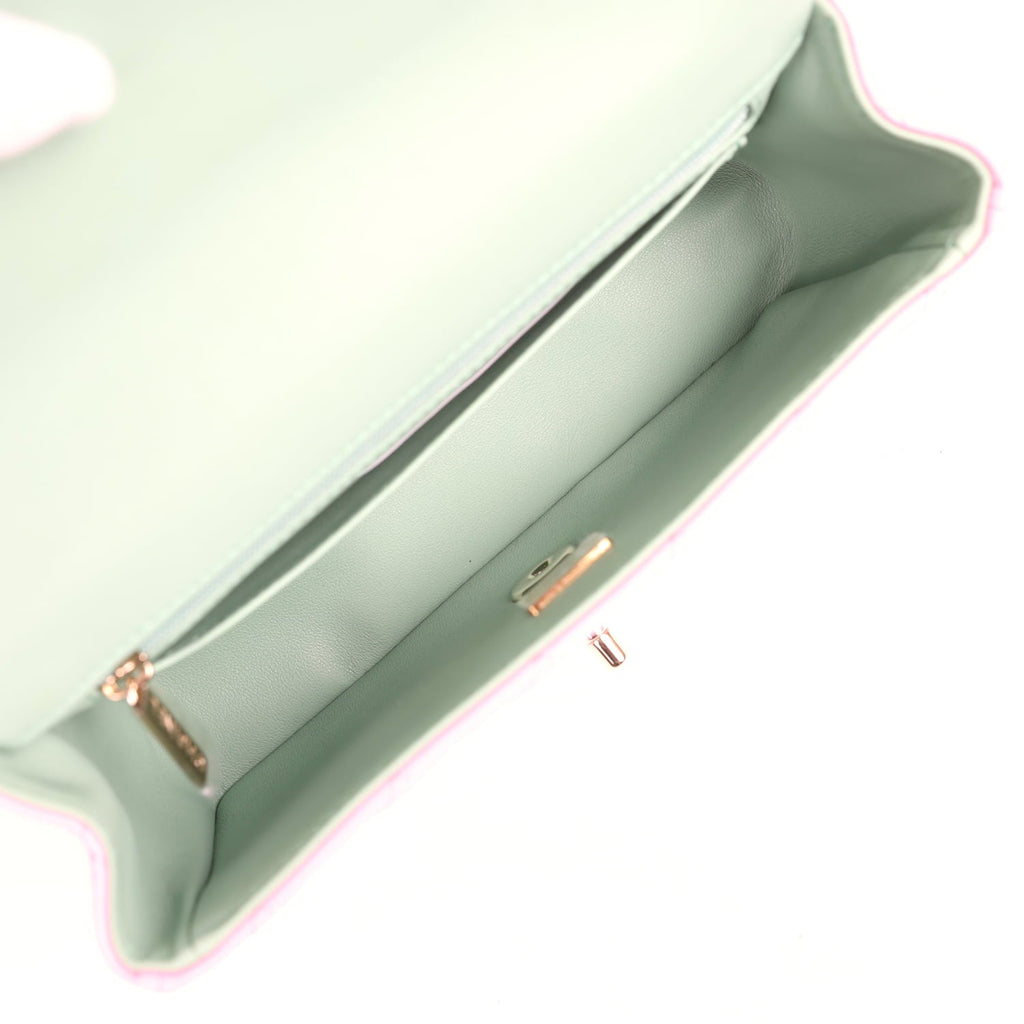 Mini Rectangular Flap Bag with Top Handle Pink and Green Lambskin Light Gold Hardware