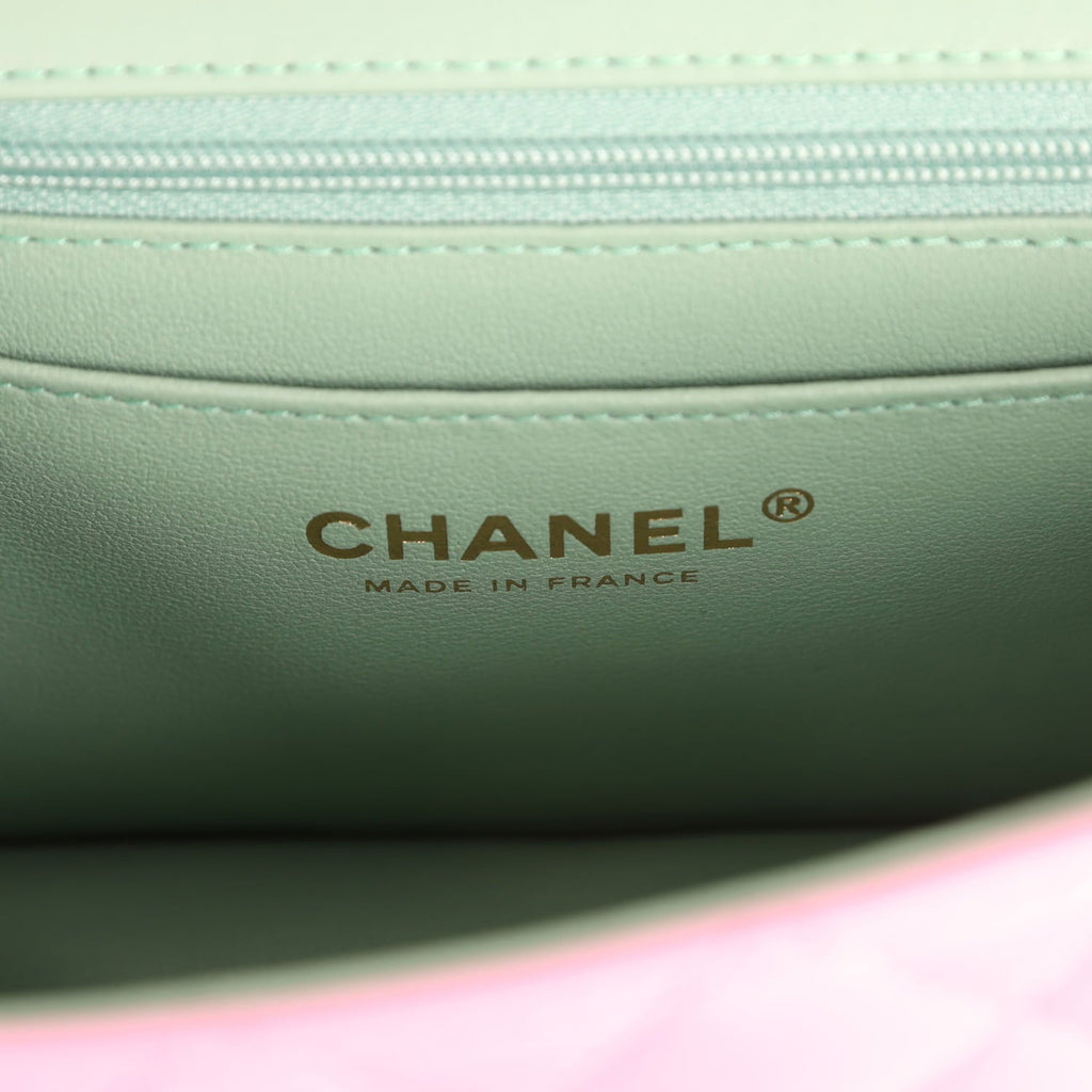 Mini Rectangular Flap Bag with Top Handle Pink and Green Lambskin Light Gold Hardware