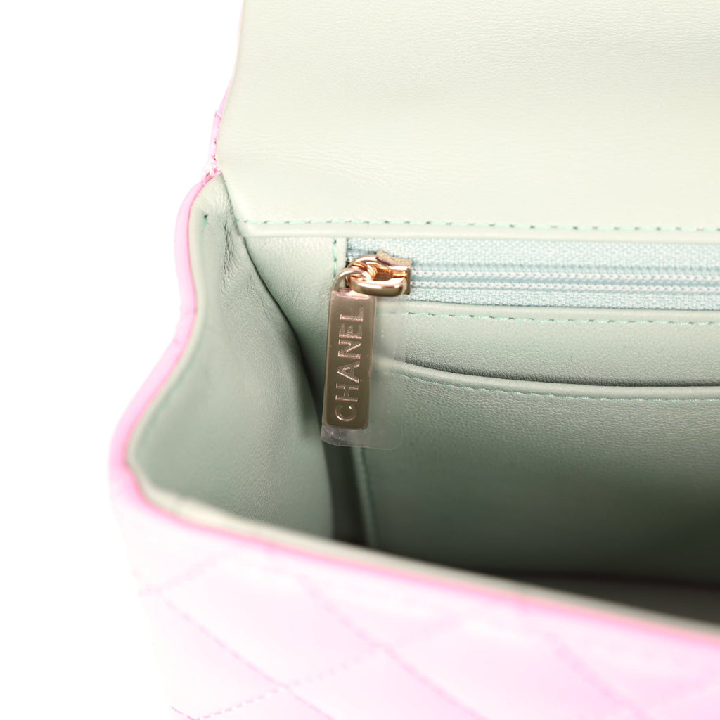 Mini Rectangular Flap Bag with Top Handle Pink and Green Lambskin Light Gold Hardware