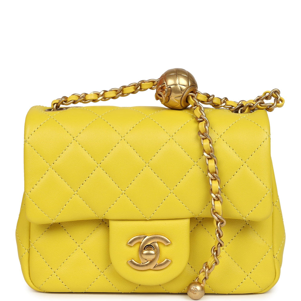 Chanel Mini Pearl Crush Square Flap Bag Yellow Lambskin Brushed Gold Hardware