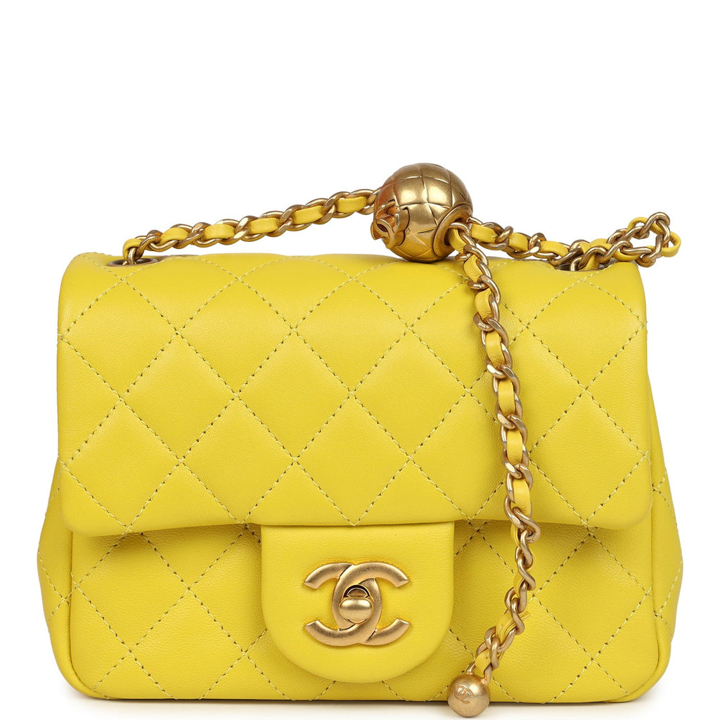 Mini Pearl Crush Square Flap Bag Yellow Lambskin Brushed Gold Hardware