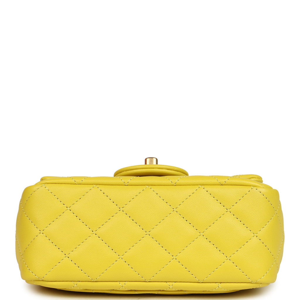 Mini Pearl Crush Square Flap Bag Yellow Lambskin Brushed Gold Hardware