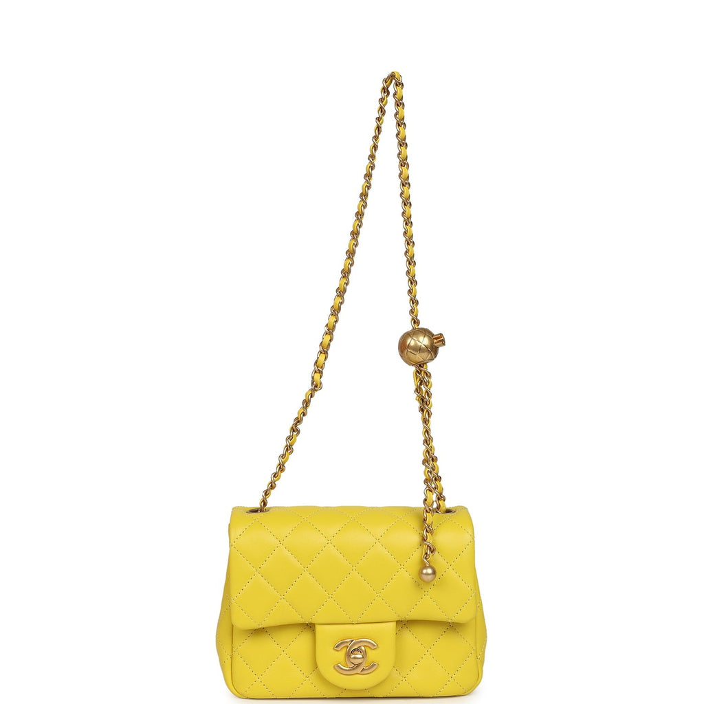Mini Pearl Crush Square Flap Bag Yellow Lambskin Brushed Gold Hardware