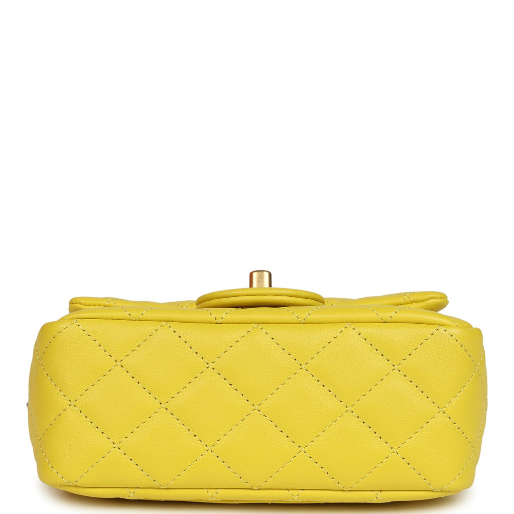 Mini Pearl Crush Square Flap Bag Yellow Lambskin Brushed Gold Hardware