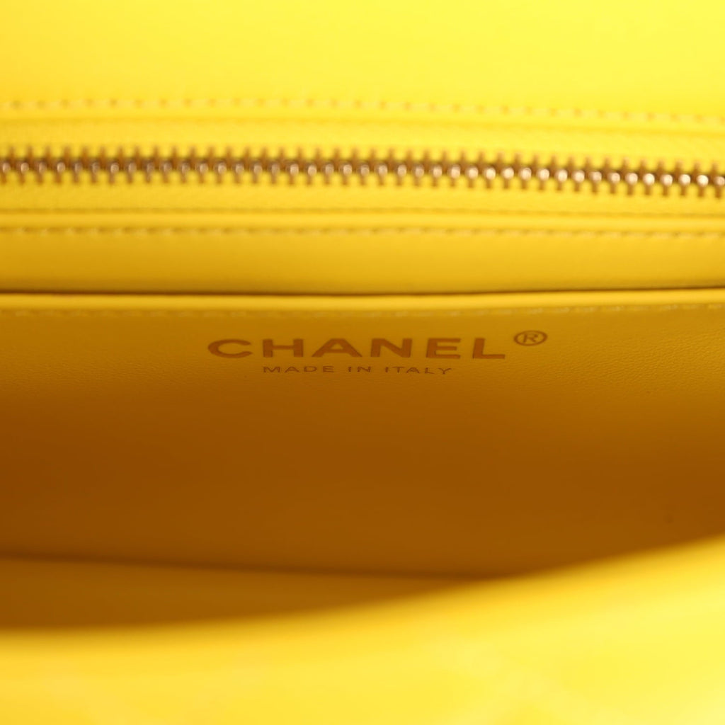 Mini Pearl Crush Square Flap Bag Yellow Lambskin Brushed Gold Hardware